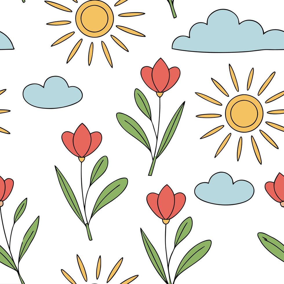 Playful spring sunshine seamless pattern with bright rays and whimsical clouds for fun energetic designs concept as Fun spring sunshine pattern with bright rays and whimsical cloud Dynamics Set 2 vector