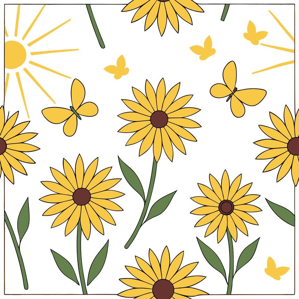 Radiant spring sunshine seamless pattern with sunflowers and rays of light for vibrant outdoor projects concept as Radiant spring sunshine pattern with sunflowers and light rays pe Dynamics vector