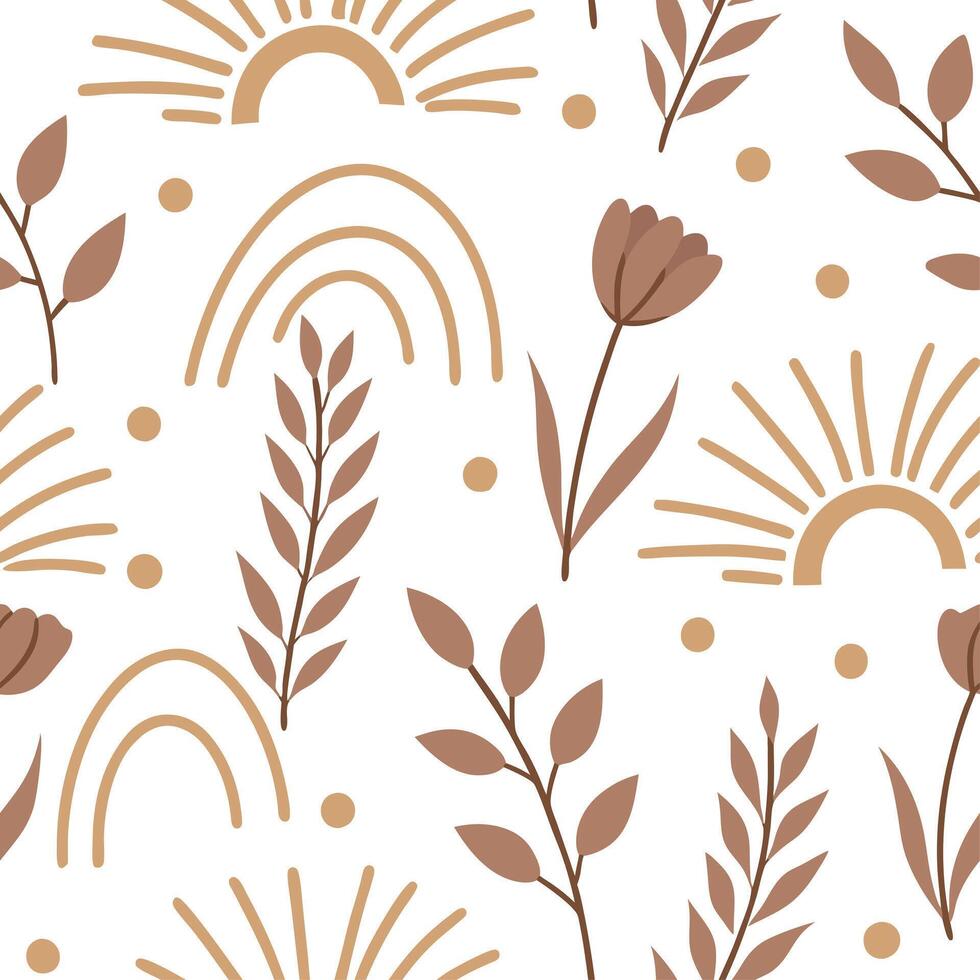 Rustic spring sunshine seamless pattern with warm sunbursts and earthy textures for organic nature inspired designs concept as Earthy spring sunshine pattern with sunbursts and rus Dynamics vector