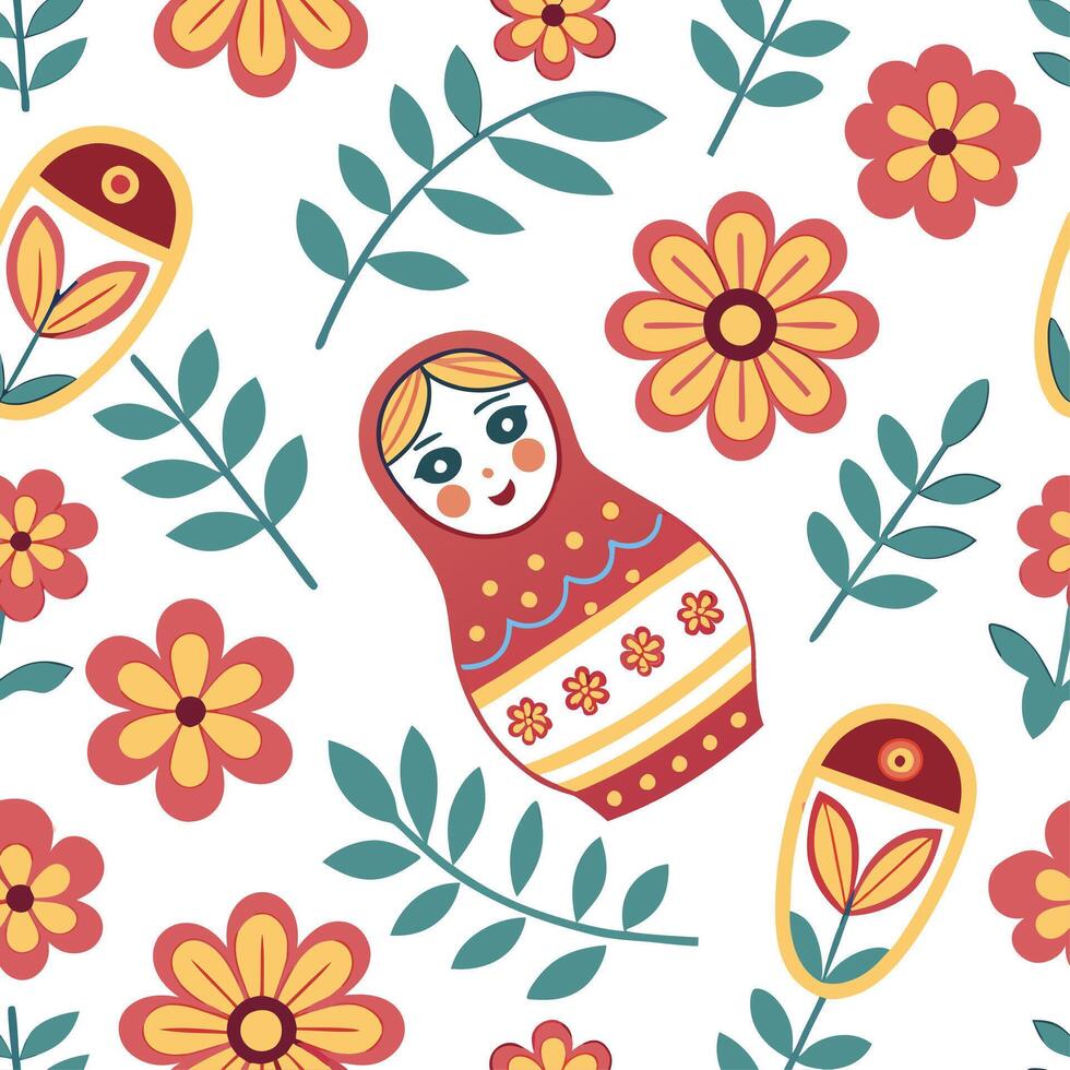 Russian Floral Matryoshka seamless tile pattern with vibrant colors and traditional designs for cultural decor concept as Vibrant floral Matryoshka dolls and traditional Russian de Dynamics vector