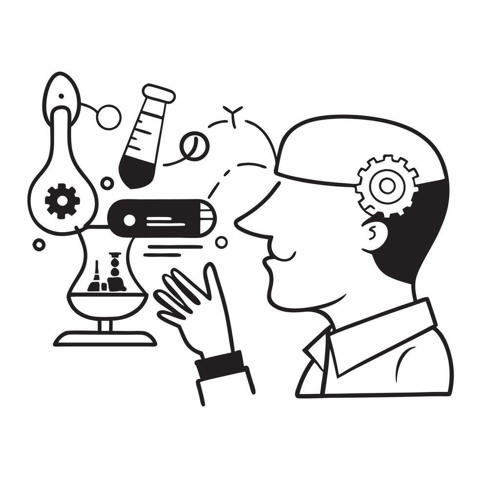 Scientist double exposure with lab equipment concept as A scientists profile merged with lab equipment representing scientific responsibility and innovation Perfect for science an Dynamics vector