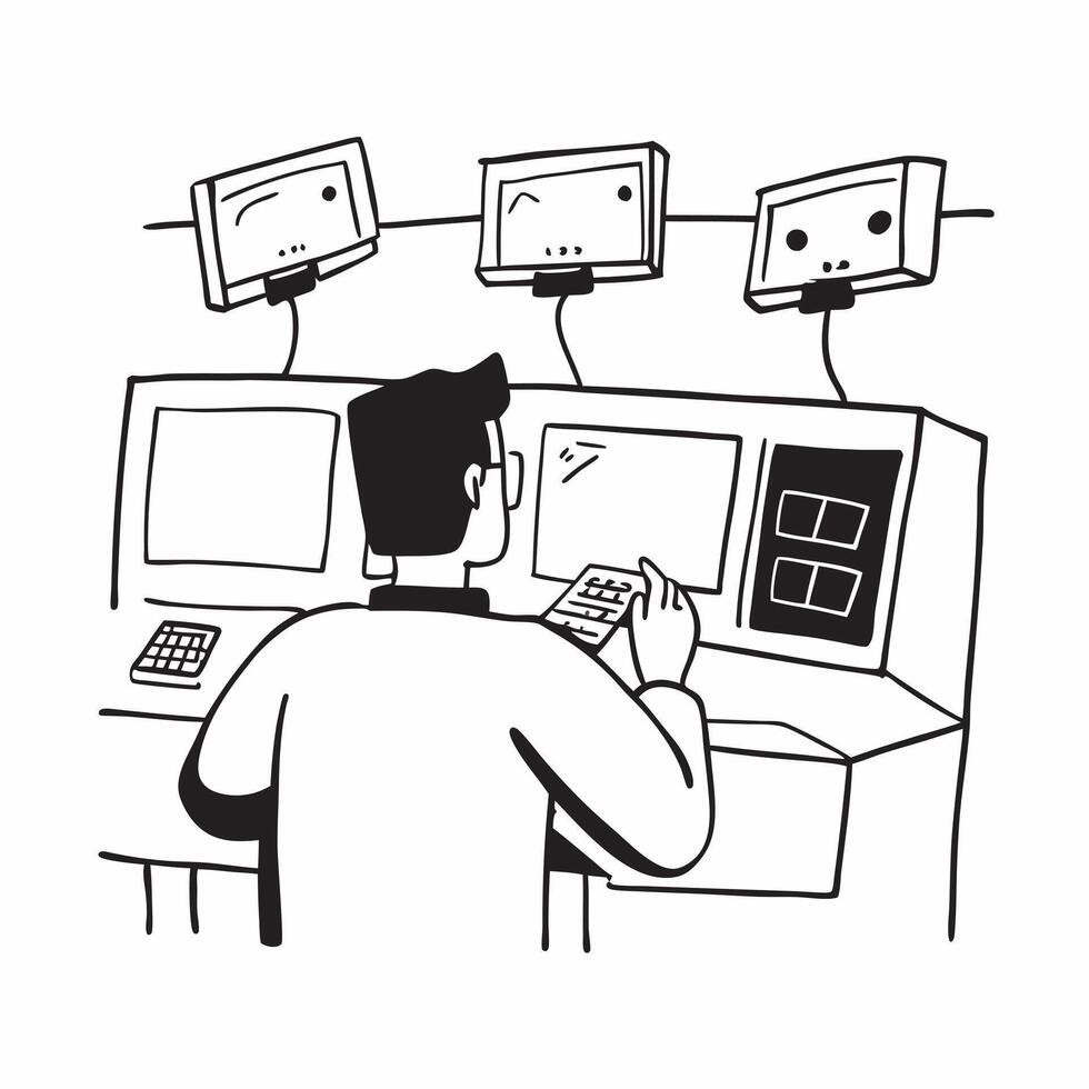 Security guard using a glossy surveillance system in a control room concept as Camera movement Pan across the glossy surveillance screens Scene A modern control room with security Dynamics vector