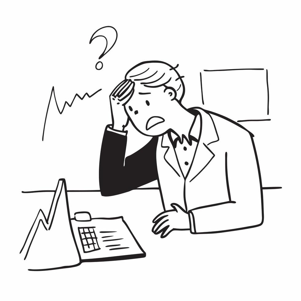 Senior executive looking at a failed investment portfolio appearing devastated concept as A senior executive in a suit looking at a failed investment portfolio on his desk appearin Dynamics vector