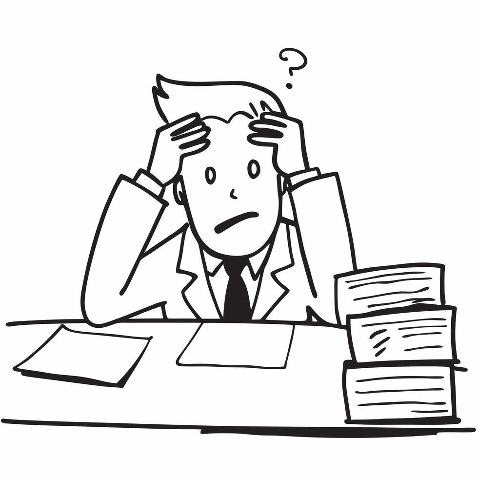 Senior executive looking at a large stack of paperwork appearing overwhelmed concept as A senior executive in a suit sitting at a desk with a large stack of paperwork looking overw Dynamics vector