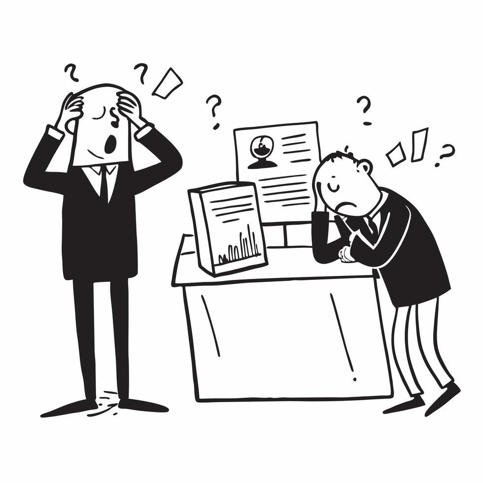 Senior executive looking at a failed tech acquisition appearing devastated concept as A senior executive in a suit looking at a failed tech acquisition report on his desk appearing Dynamics vector