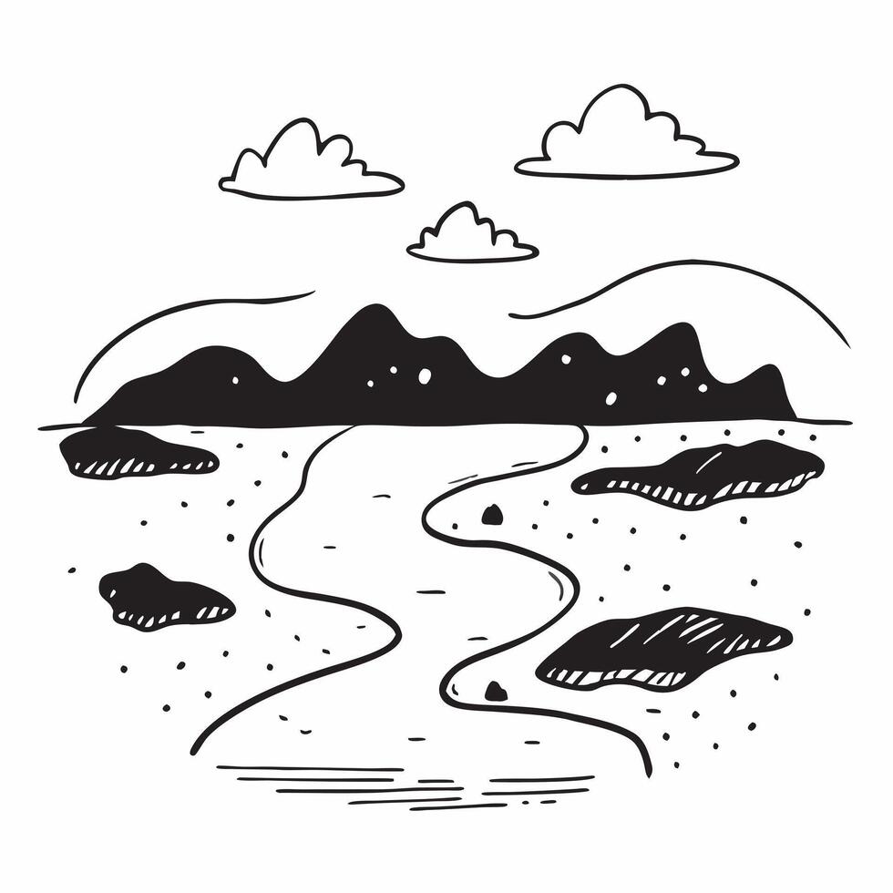 Simple flat illustration as Clear river flowing through a green valley in summer concept as A serene river flowing through a lush green valley under a bright summer sky idea Dynamics Set 8 vector