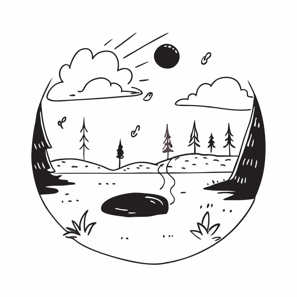Simple flat illustration as Clear river flowing through a green valley in summer concept as A serene river flowing through a lush green valley under a bright summer sky idea Dynamics Set 12 vector