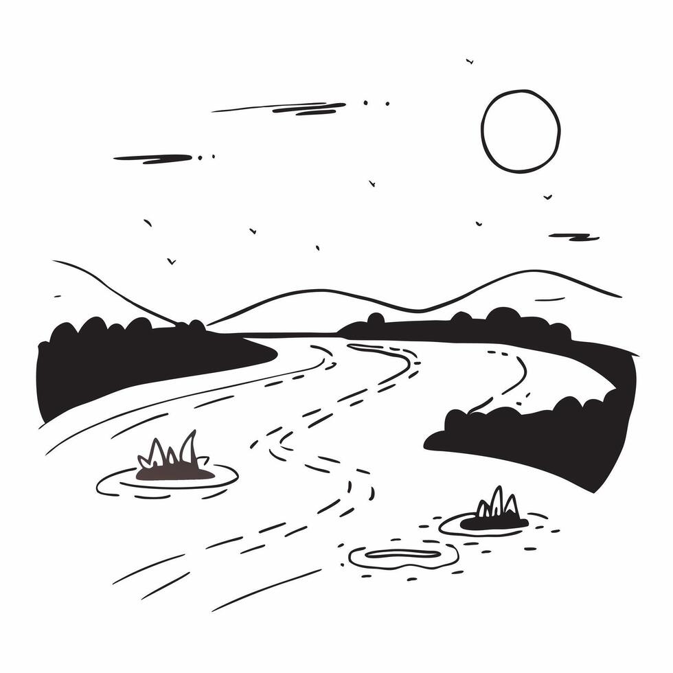 Simple flat illustration as Golden hour over a serene meadow with gentle hills concept as A tranquil scene of a meadow with gentle rolling hills bathed in the golden hour li Dynamics Set 27 vector