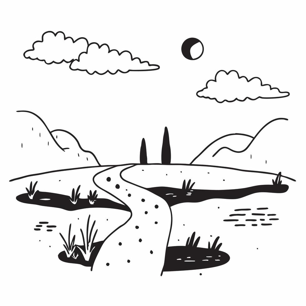 Simple flat illustration as Summer meadow with rolling hills and clear sky concept as A picturesque summer meadow with rolling hills and a clear blue sky offering a clean an Dynamics Set 8 vector