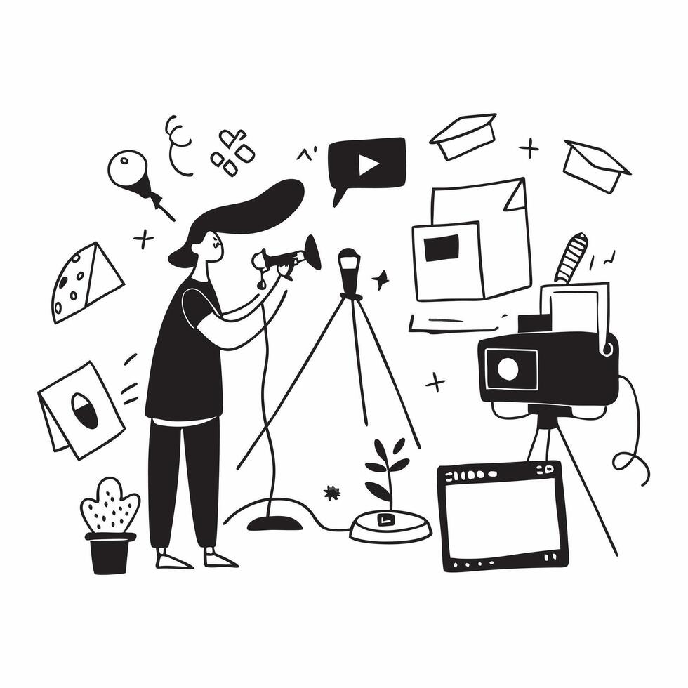 Social media influencer creating content in a home studio concept as A social media influencer in a home studio creating content using a camera and lighting equipment highlighting Dynamics vector