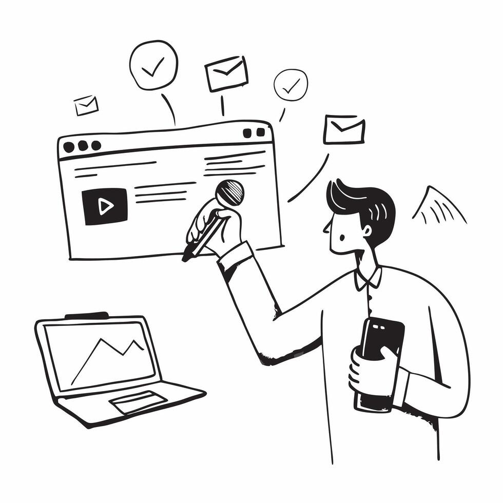 Social media manager conducting a live webinar on digital marketing concept as A social media manager in an office conducting a live webinar on digital marketing using a laptop and Dynamics vector