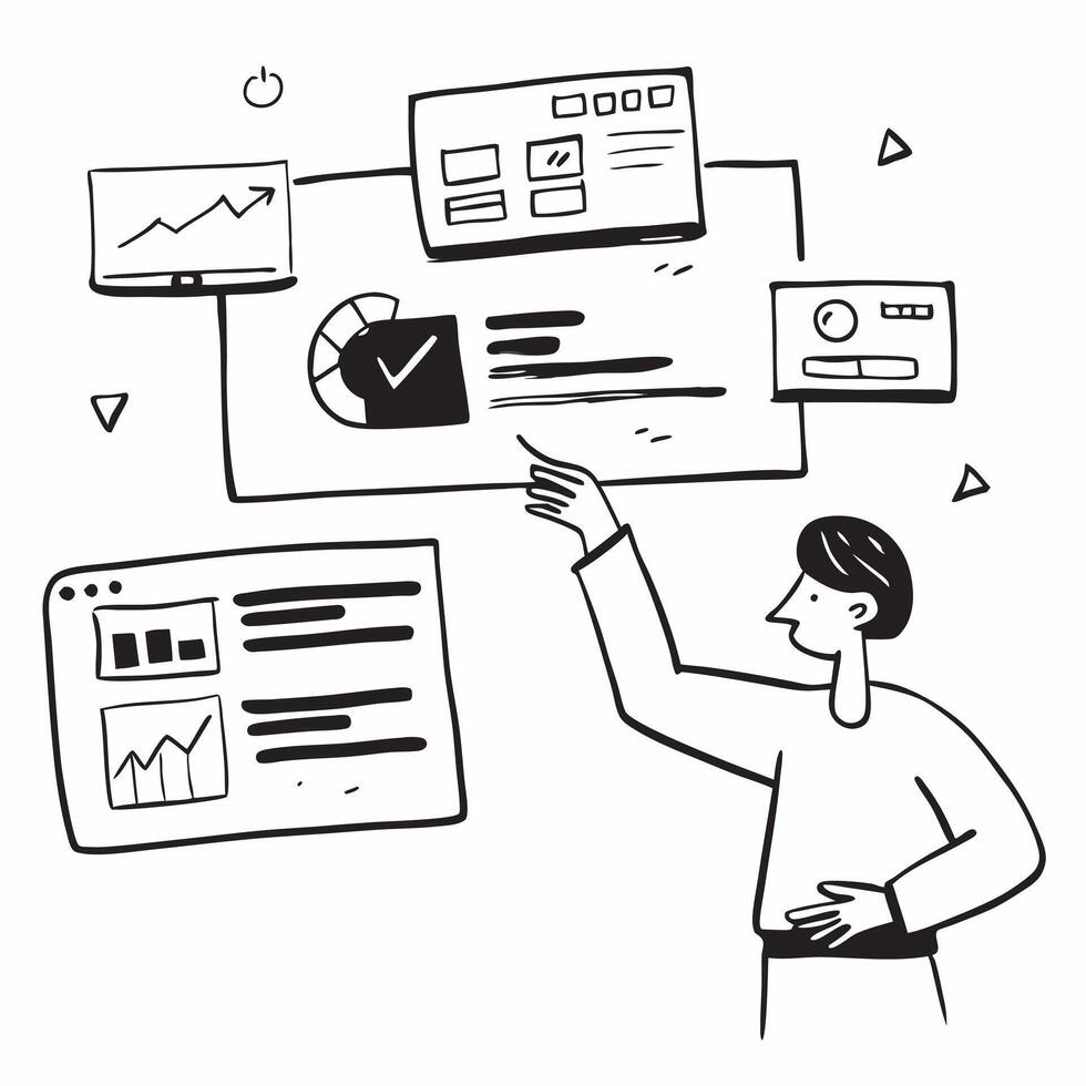 Social media manager tracking real time campaign performance concept as A social media manager in an office tracking real time campaign performance on multiple screens highlighting Dynamics vector