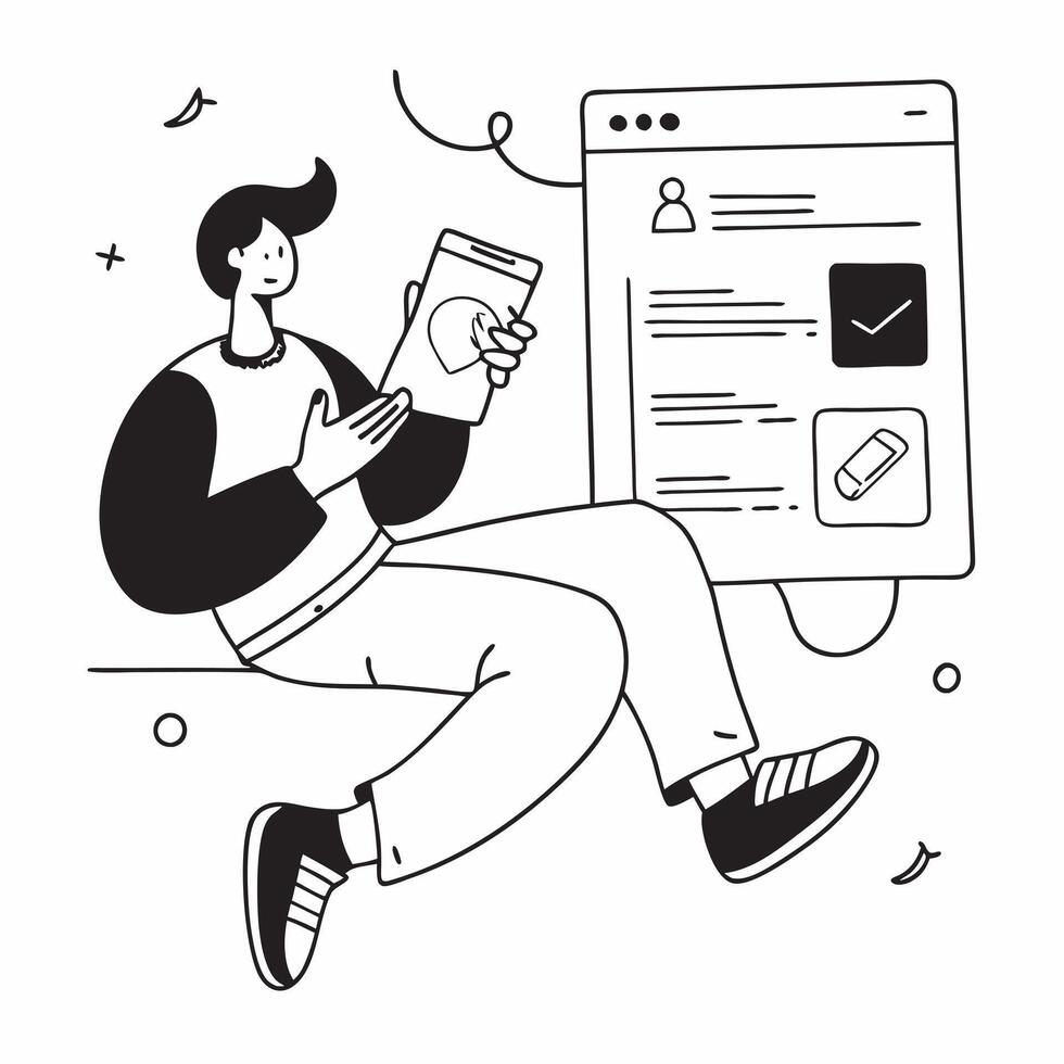 Social media manager relaxing with a cup of coffee and a tablet concept as A social media manager relaxing with a cup of coffee and a tablet browsing social media trends highlighti Dynamics vector