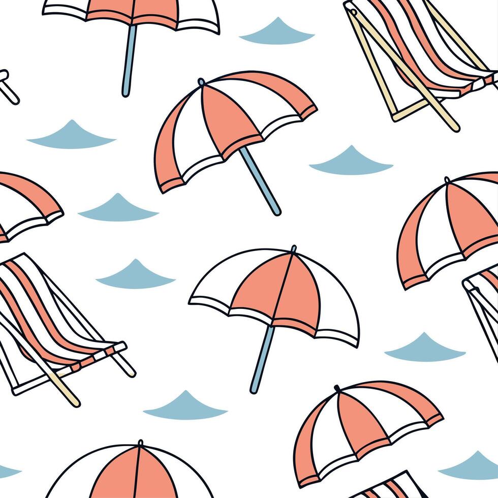 Summer bright seamless pattern with colorful umbrellas and beach chairs for a relaxing coastal design concept as Relaxing beach pattern with colorful umbrellas and beach chairs per Dynamics vector
