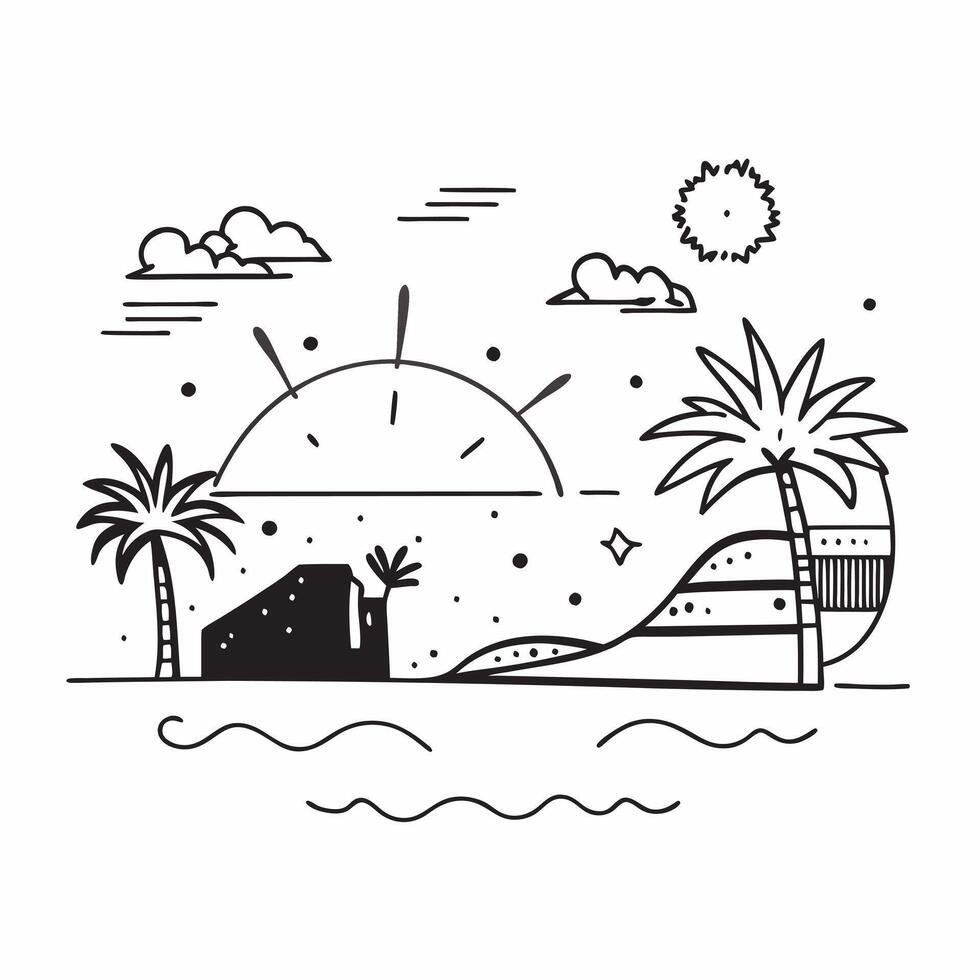 Sunset over a tranquil beach with fireworks concept as A serene beach scene with the vibrant colors of sunset and fireworks perfect for business presentations needing a clean and f Dynamics vector