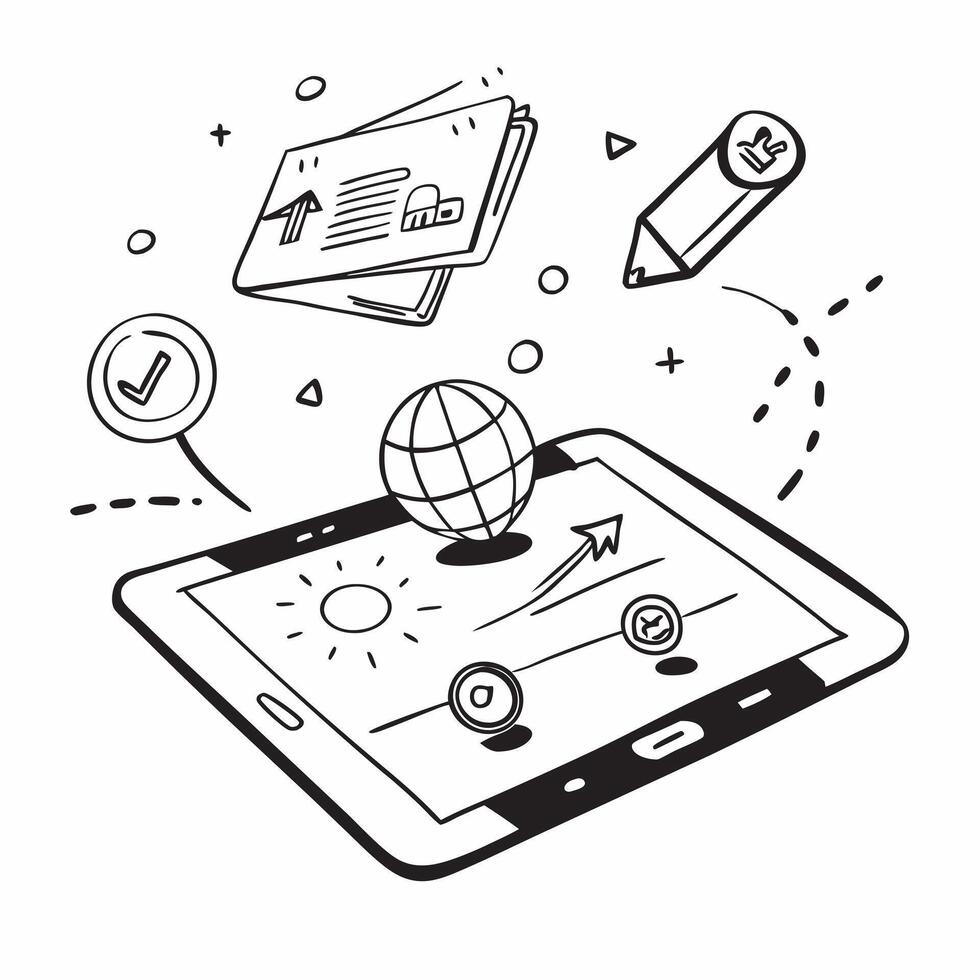 Tablet with holographic AI and business trip icons concept as Camera movement Slide across the tablet screen with a focus on glowing holographic AI and business trip icons Scene A Dynamics Set 2 vector