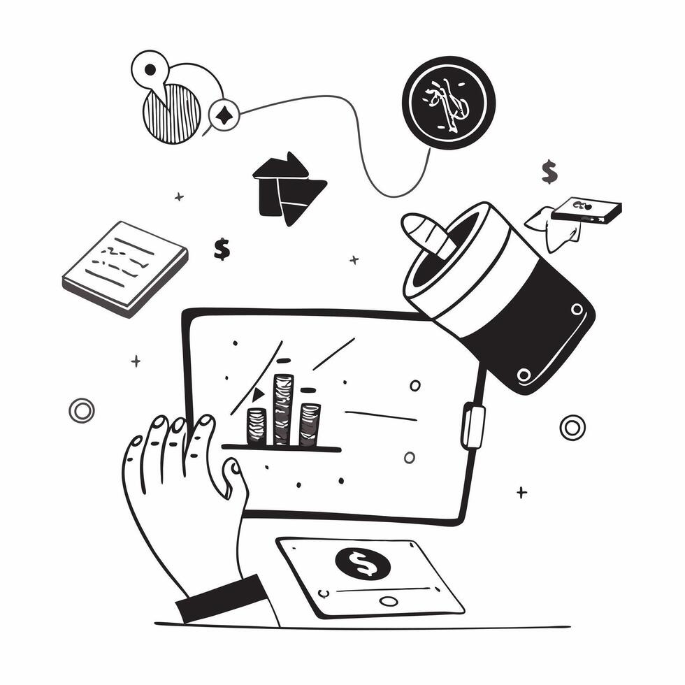 Tablet with holographic AI and financial icons concept as Camera movement Slide across the tablet screen with a focus on glowing holographic AI and financial icons Scene A minimal Dynamics vector