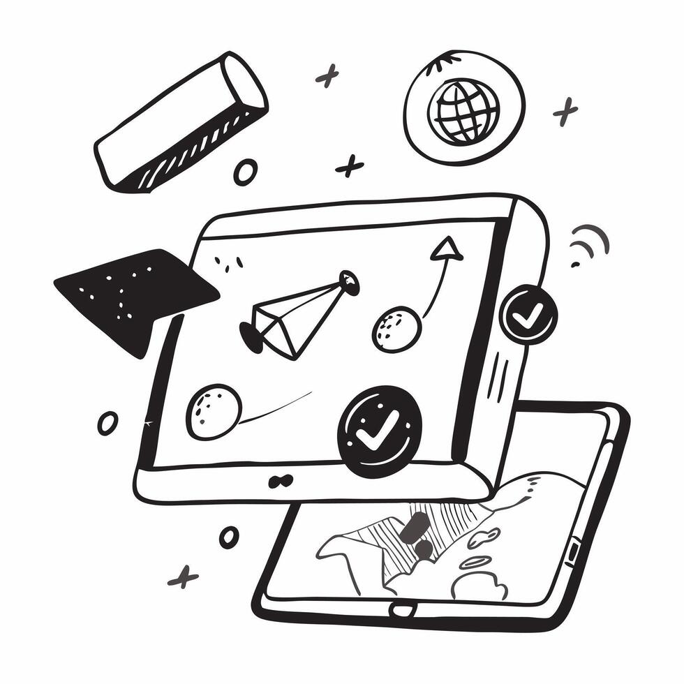 Tablet with holographic AI business tracker and travel icons concept as Camera movement Slide across the tablet screen with a focus on glowing holographic AI business tracker and t Dynamics vector