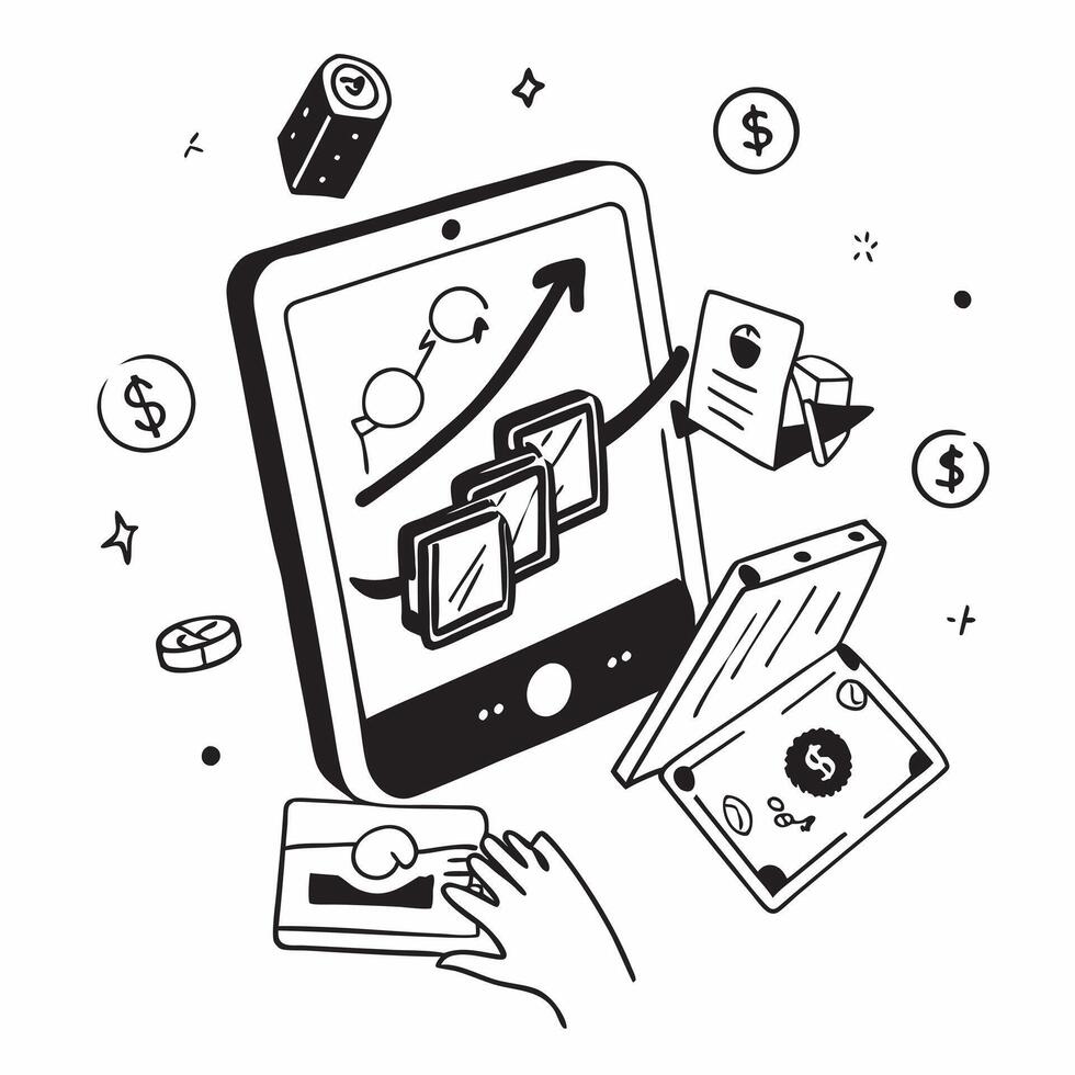 Tablet with holographic AI finance and financial planning icons concept as Camera movement Slide across the tablet screen with a focus on glowing holographic AI finance and financi Dynamics vector
