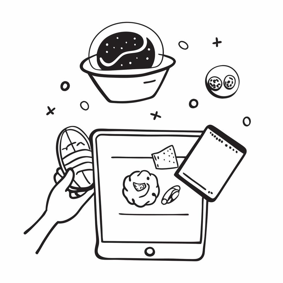 Tablet with holographic AI food guide and world food day icons concept as Camera movement Slide across the tablet screen with a focus on glowing holographic AI food guide and world Dynamics vector
