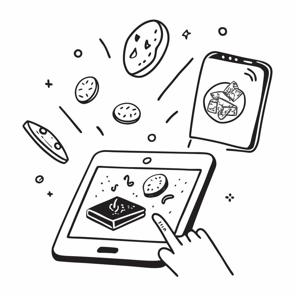 Tablet with holographic AI food deals and world food day icons concept as Camera movement Slide across the tablet screen with a focus on glowing holographic AI food deals and world Dynamics vector