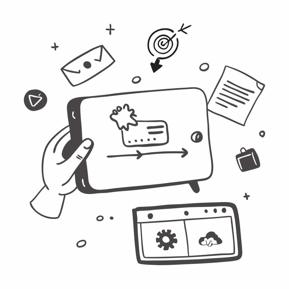 Tablet with holographic AI QA and continuous improvement icons concept as Camera movement Slide across the tablet screen with a focus on glowing holographic AI QA and continuous im Dynamics vector