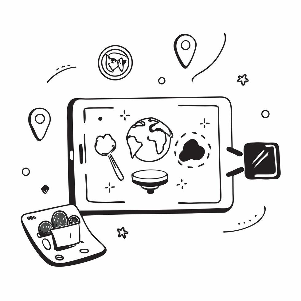 Tablet with holographic AI food tips and world food day icons concept as Camera movement Slide across the tablet screen with a focus on glowing holographic AI food tips and world f Dynamics vector