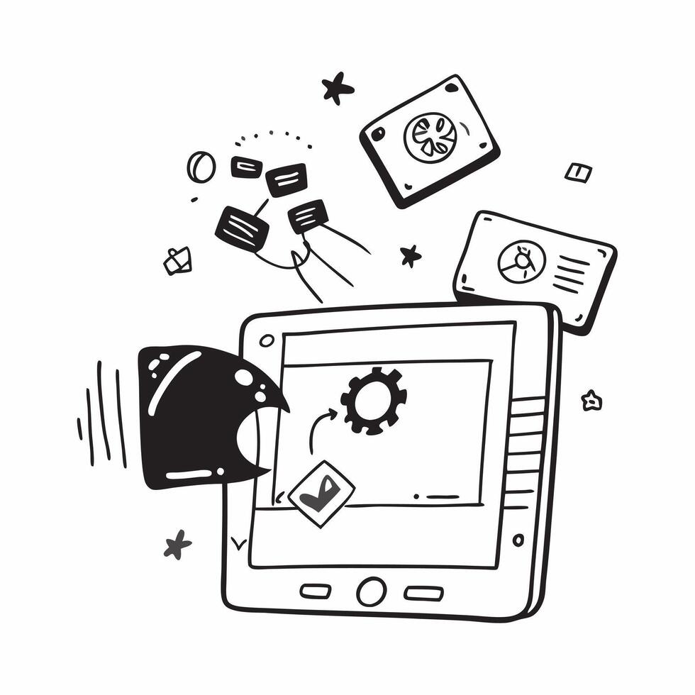 Tablet with holographic AI QA and performance icons concept as Camera movement Slide across the tablet screen with a focus on glowing holographic AI QA and performance icons Scene Dynamics vector