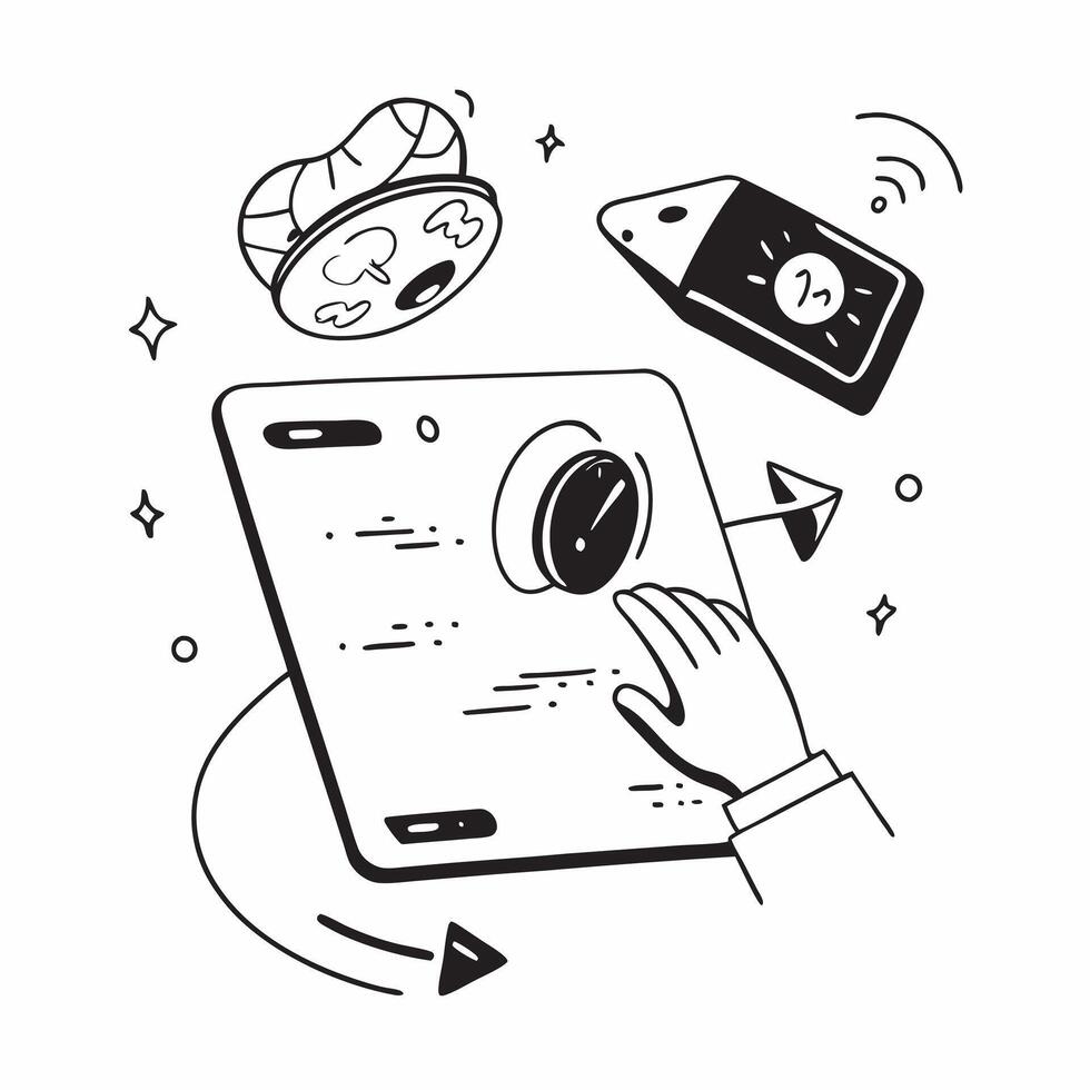 Tablet with holographic AI world food day expenses and travel icons concept as Camera movement Slide across the tablet screen with a focus on glowing holographic AI world food day Dynamics vector