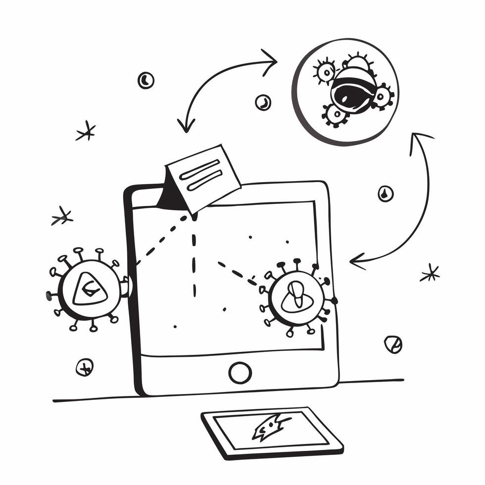 Tablet with holographic virus and secure access icons concept as Camera movement Slide across the tablet screen with a focus on glowing holographic virus and secure access icons S Dynamics vector