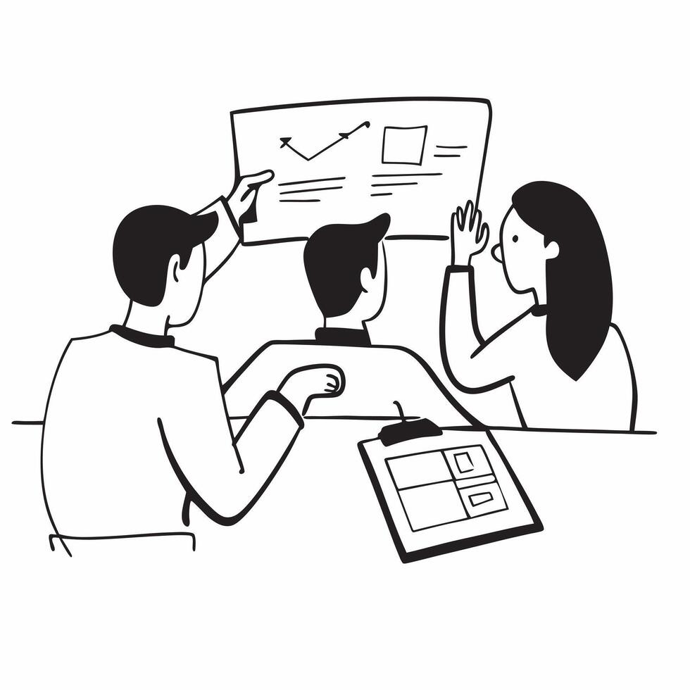 Team members reviewing project deliverables in a business meeting concept as A illustration of team members reviewing project deliverables in a business meeting using a 3 co Dynamics vector