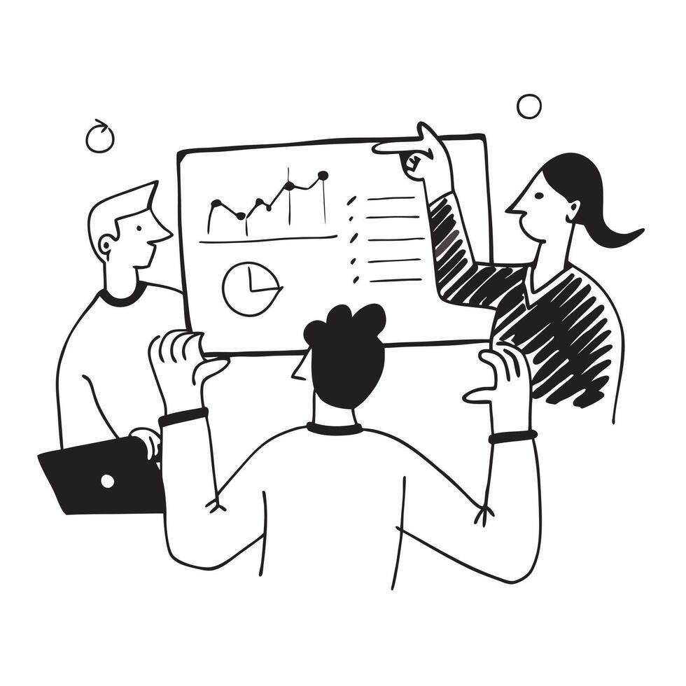 Team members discussing market trends in a business meeting concept as A illustration of team members discussing market trends in a business meeting using a 3 color tone to Dynamics vector