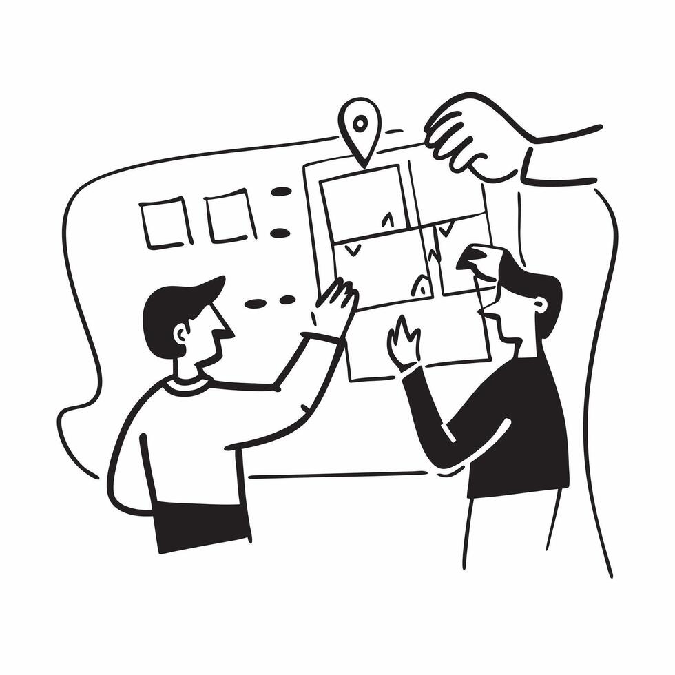 Team members collaborating on a strategic plan concept as A illustration of team members collaborating on a strategic plan in a modern office using a 3 color scheme to highl Dynamics vector
