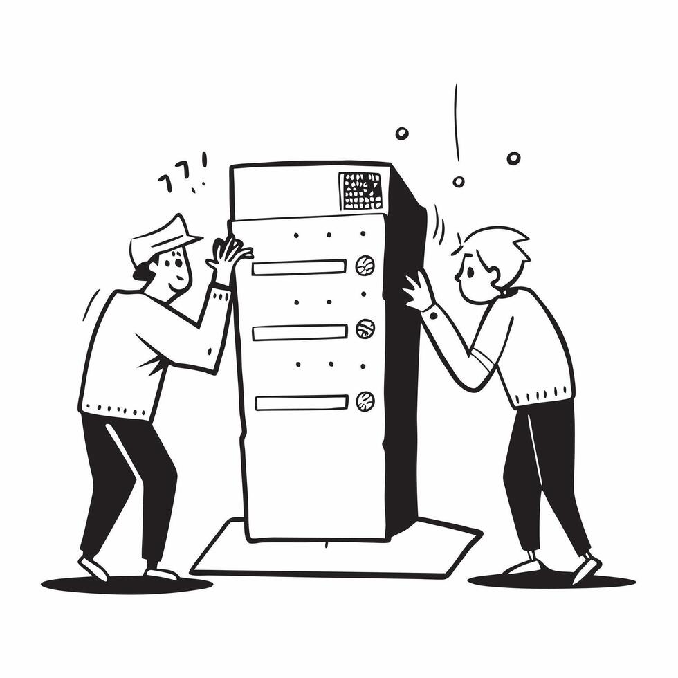 Team of developers looking at a crashed server appearing stressed and disappointed concept as A team of developers in casual attire looking at a crashed server in a server room app Dynamics vector