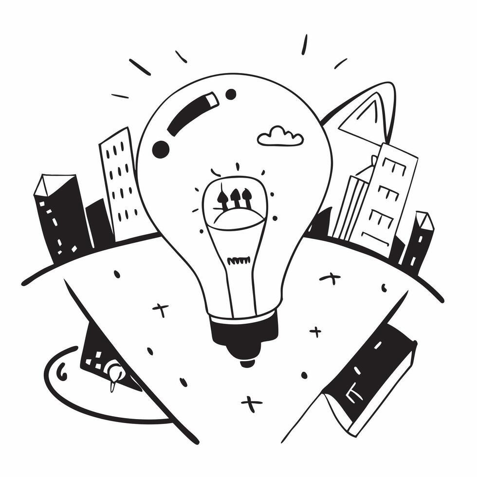 Top view of a cityscape with a light bulb overlay symbolizing urban innovation in double exposure with copy space concept as A top view of a cityscape blended with a light bulb re Dynamics vector