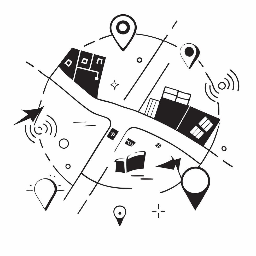 Top view of a cityscape with overlay of tech symbols symbolizing digital transformation in double exposure with copy space concept as A top view of a cityscape blended with tech s Dynamics Set 9 vector