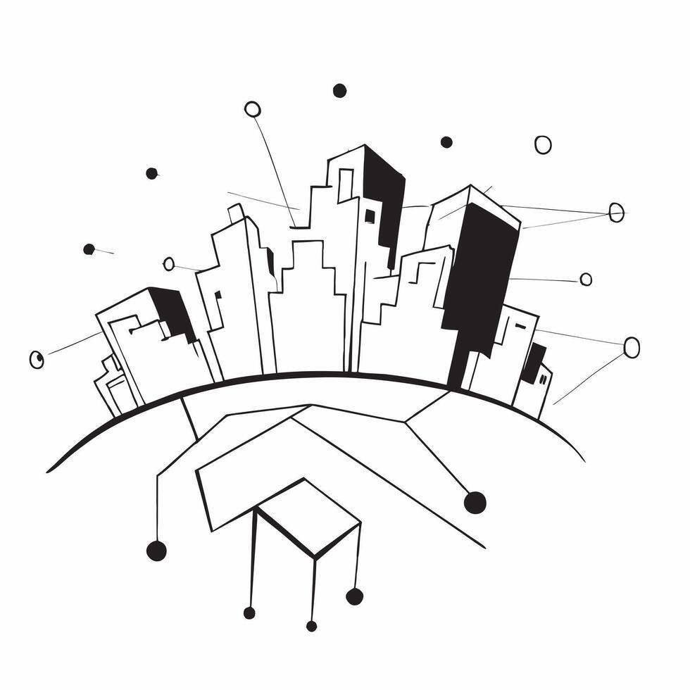 Top view of a city skyline with overlay of digital network lines symbolizing urban connectivity in double exposure with copy space concept as A top view of a city skyline blended Dynamics vector