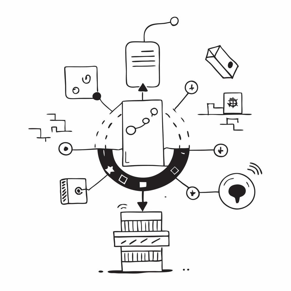 Top view of a cityscape with overlay of tech symbols symbolizing digital transformation in double exposure with copy space concept as A top view of a cityscape blended with tech s Dynamics Set 10 vector