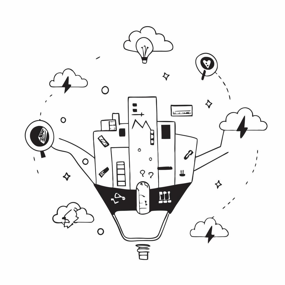 Top view of a city with overlay of tech innovation hubs symbolizing modern business districts in double exposure with copy space concept as A top view of a city blended with tech Dynamics vector