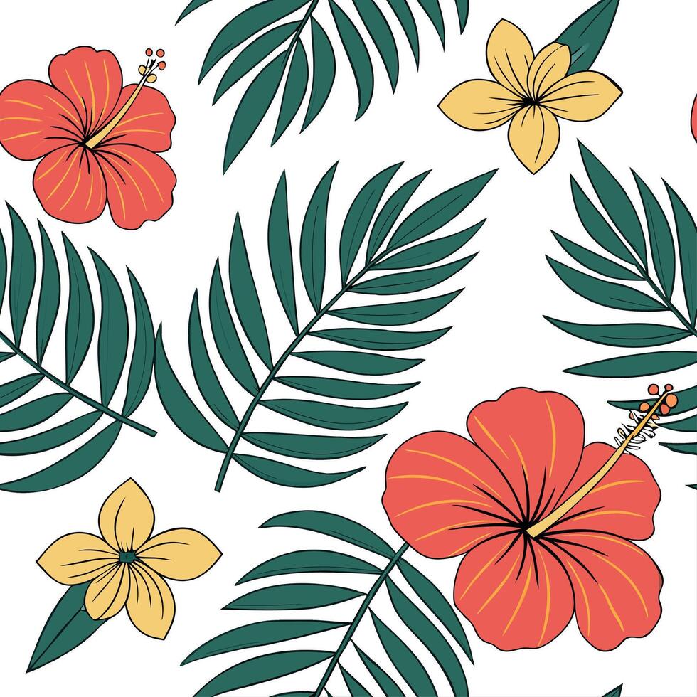 Tropical summer flowers seamless pattern with exotic florals and bright warm hues for an adventurous summer vibe concept as Exotic summer flowers pattern with tropical florals and Dynamics vector