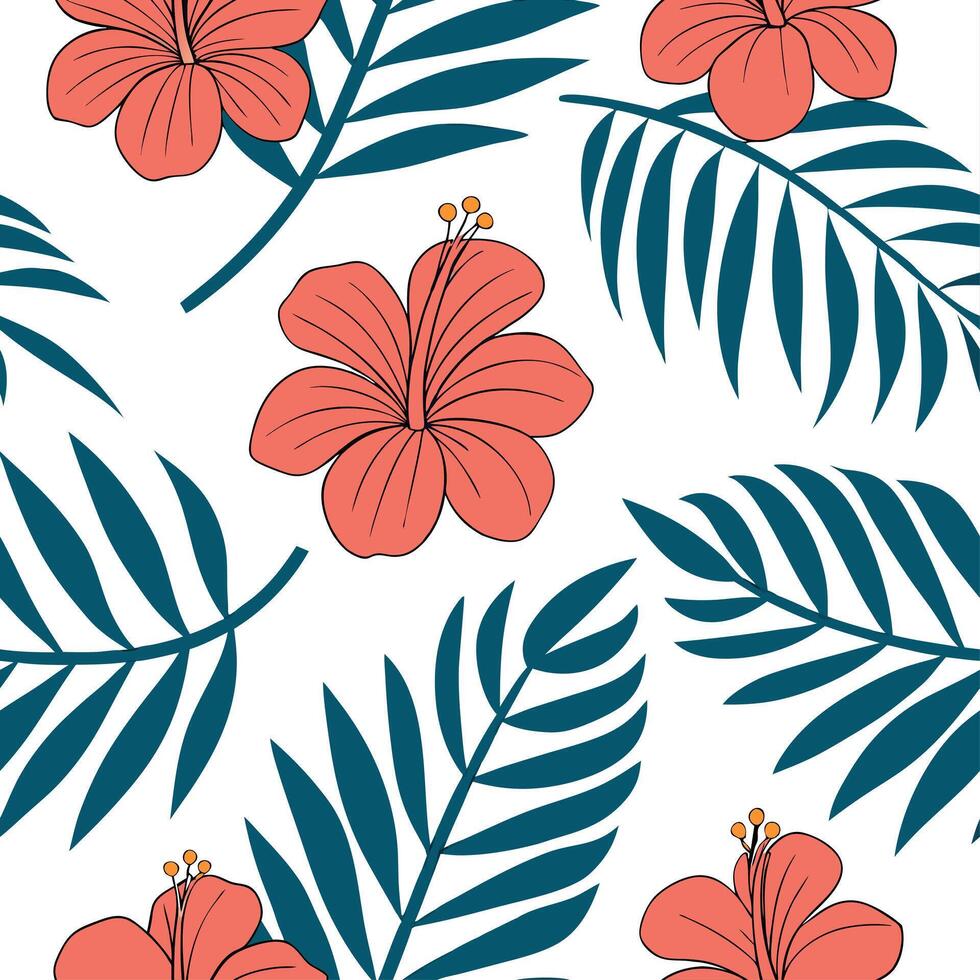 Tropical summer flowers seamless pattern with exotic florals and bright warm hues for an adventurous summer vibe concept as Exotic summer flowers pattern with tropical florals and Dynamics Set 2 vector