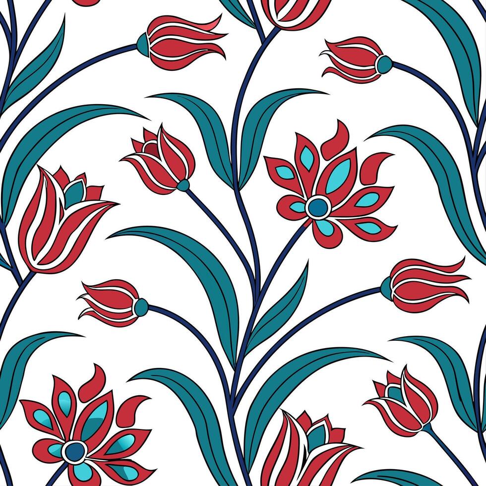 Turkish Tulips and Iznik patterns seamless tile pattern with rich colors and traditional designs for cultural decor concept as Rich colored Turkish tulips and traditional Iznik pat Dynamics vector