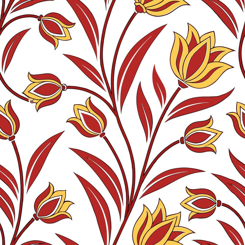 Turkish vibrant kilim patterns and tulips seamless tile pattern with rich reds and vibrant yellows for cultural decor concept as Rich red and vibrant yellow kilim patterns with tul Dynamics vector