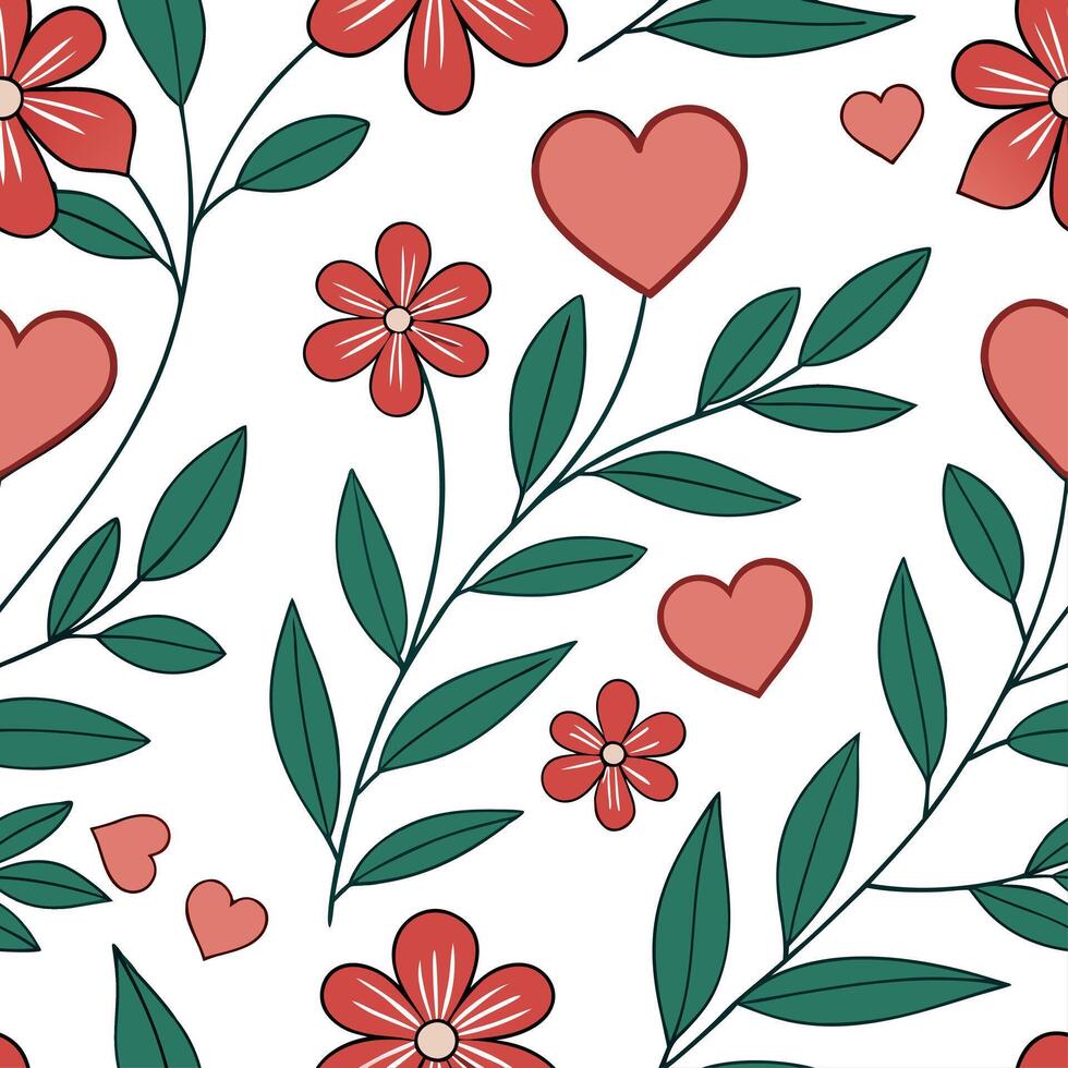 Valentine hearts and flowers seamless tile pattern with blooming blooms and vibrant reds for romantic decor concept as Blooming flowers and vibrant red hearts arranged seamlessly f Dynamics vector