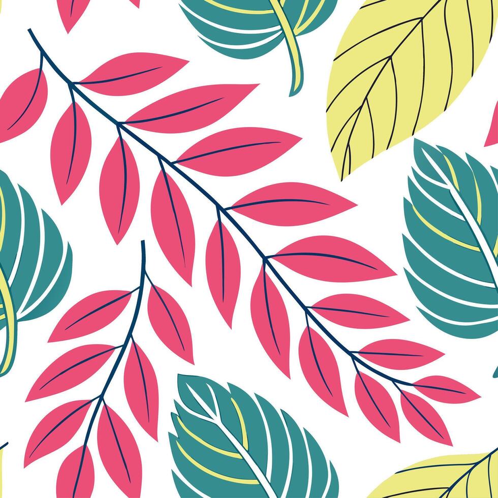 Vibrant spring leaves seamless pattern with bold shapes and bright shades for energetic spring designs concept as Energetic seamless spring leaves pattern featuring bold shapes and Dynamics vector