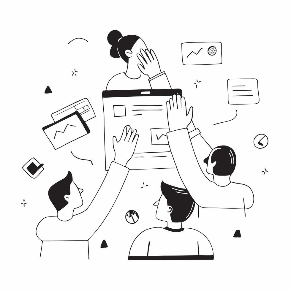 Virtual team collaborating on a digital platform concept as A illustration of a virtual team collaborating on a digital platform using a 3 color scheme to emphasize remote t Dynamics vector