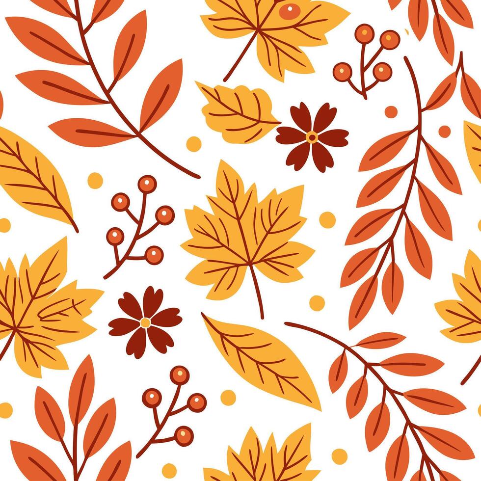 Warm autumn seamless pattern with fall flowers leaves and berries for a colorful harvest inspired design concept as Colorful autumn pattern with fall flowers leaves and berries per Dynamics vector