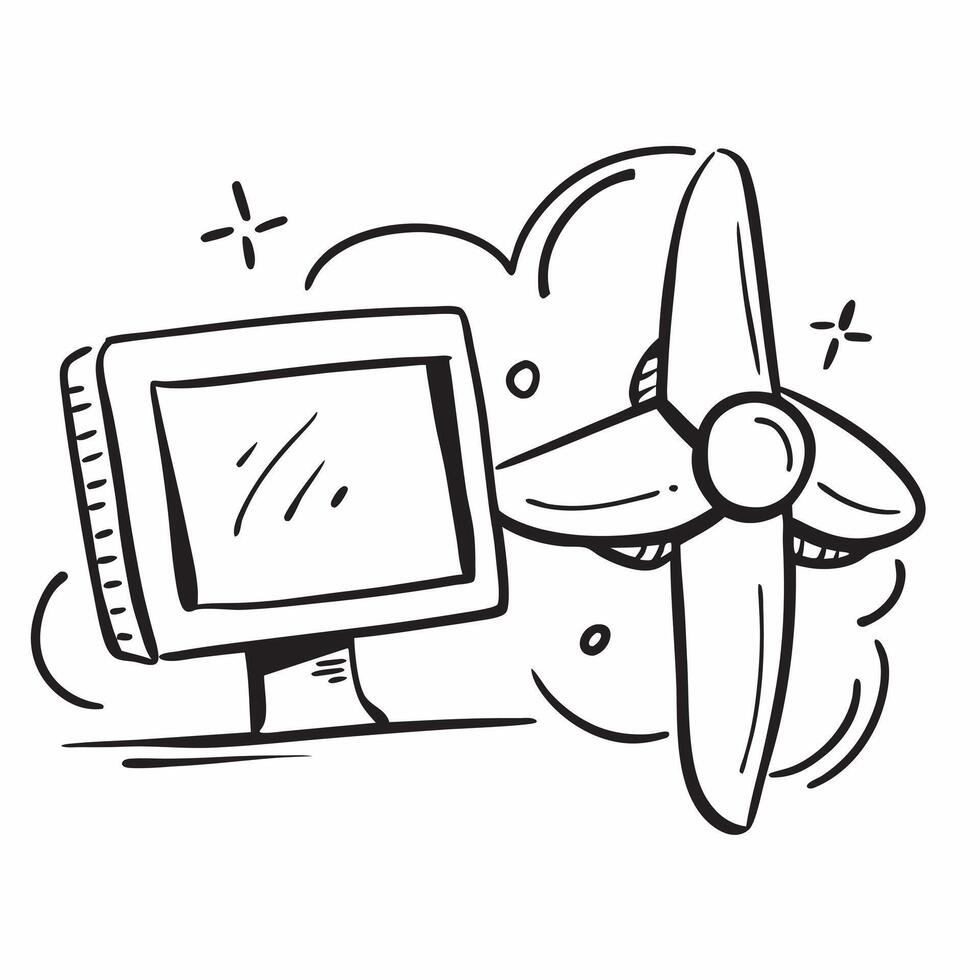 Wind turbine and computer monitor concept as A wind turbine paired with a computer monitor representing the integration of wind energy in powering IT devices ideal for isolated vec Dynamics vector