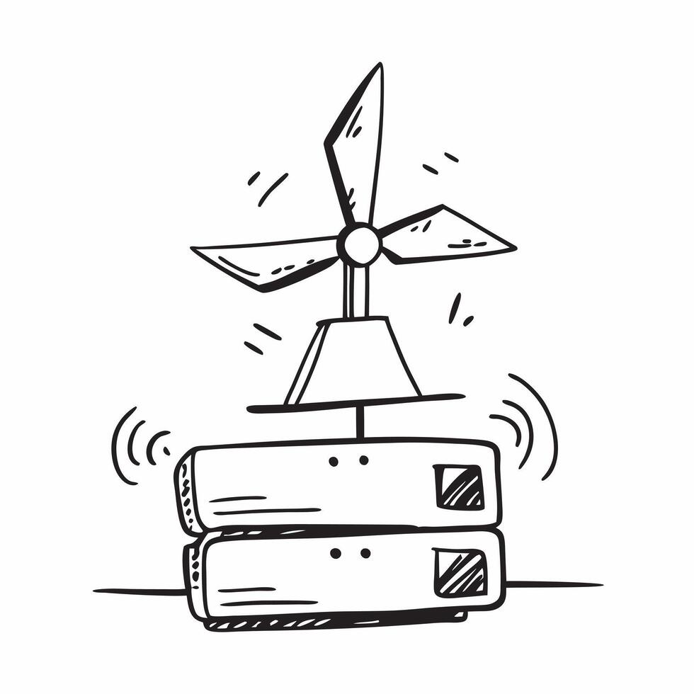 Wind turbine and network switch concept as A wind turbine paired with a network switch symbolizing the integration of wind energy in IT networking ideal for isolated designs Dynamics vector