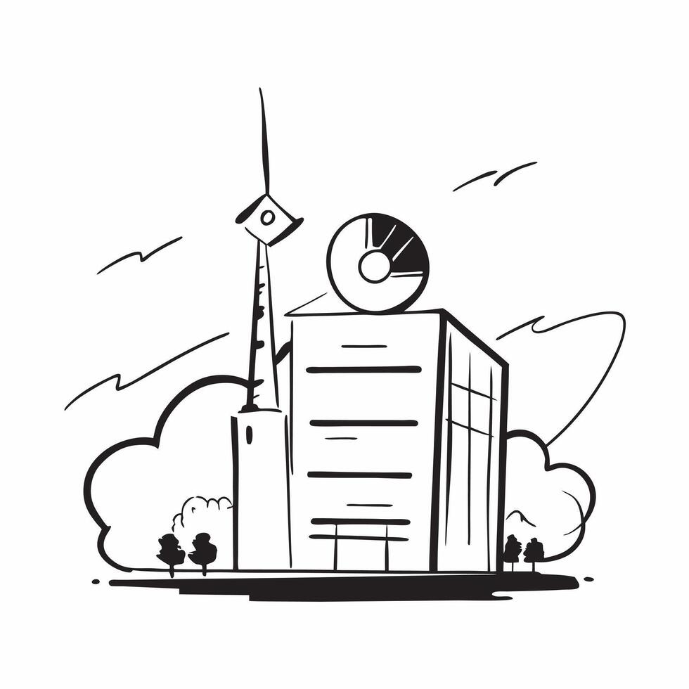 Wind turbine and office building concept as A wind turbine paired with an office building symbolizing the integration of renewable energy in corporate structures ideal for clean an Dynamics vector